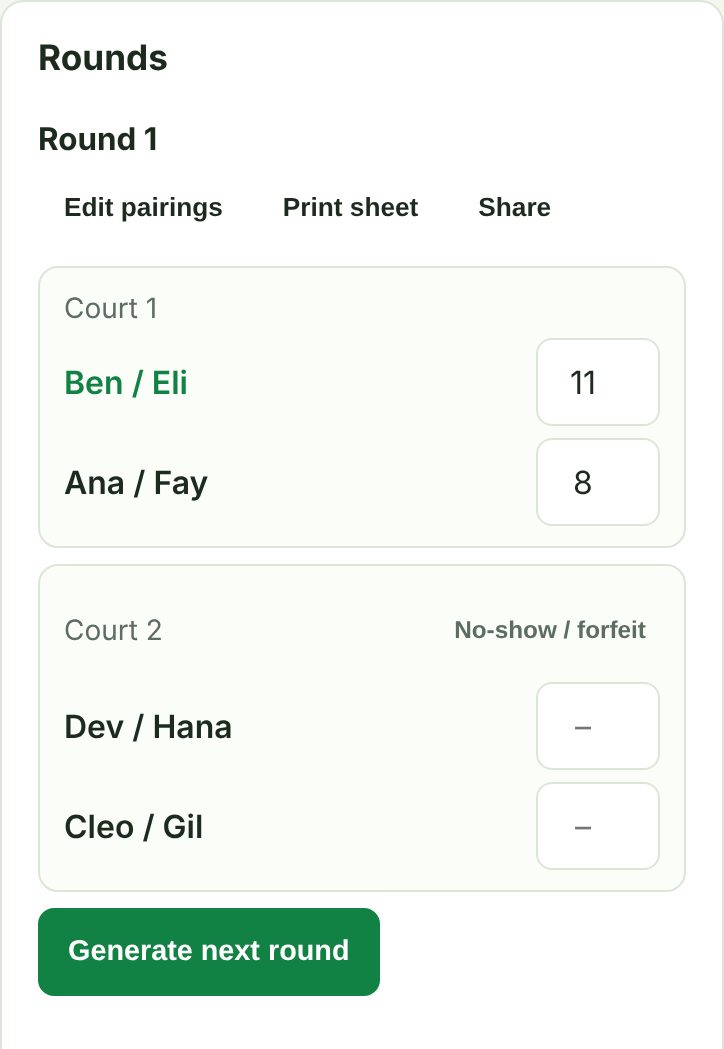 PicklePairings on a phone: a rotating-partner mixer round for 8 players on 2 courts